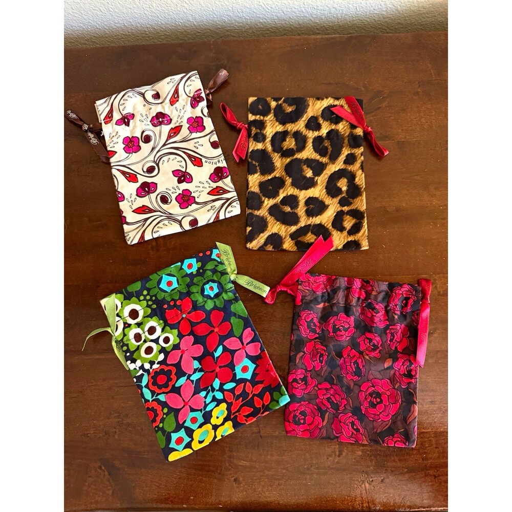 Brighton Drawstring Makeup Bag- Set of 4- Multicolor Fabric Pouches 7 x 5 in